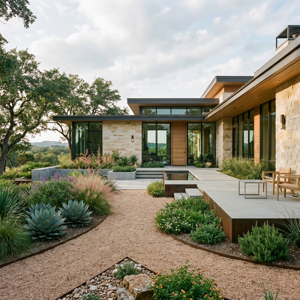 Clean modern residential exterior landscape with limestone walls, native plantings, and gravel pathways